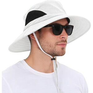 Unisex White 100% Polyester Wide Brim Mesh Vents With Chin Strap Fishing Sun Hat